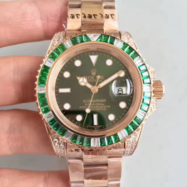 Replica Rolex Submariner Date 116618LV BP Rose Gold & Diamonds Green Dial Swiss 2836-2