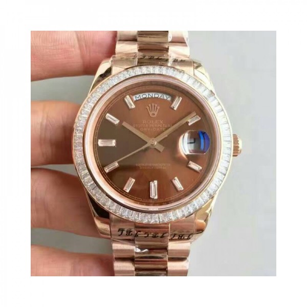 Replica Rolex Day-Date 40 228235 40MM KW Rose Gold & Diamonds Chocolate Dial Swiss 3255